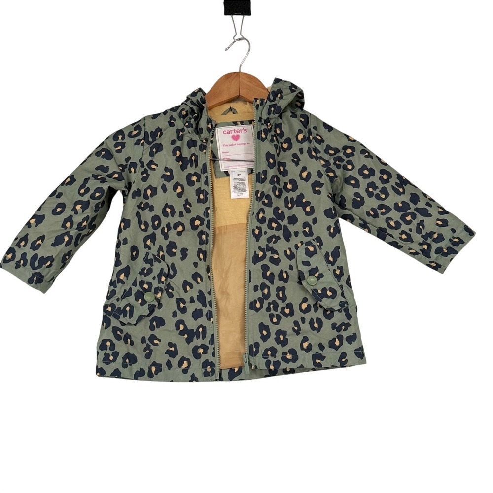 Carters Toddler Girls 3T Sage Green Leopard Print Hooded Rain Jacket Zip Up Coat